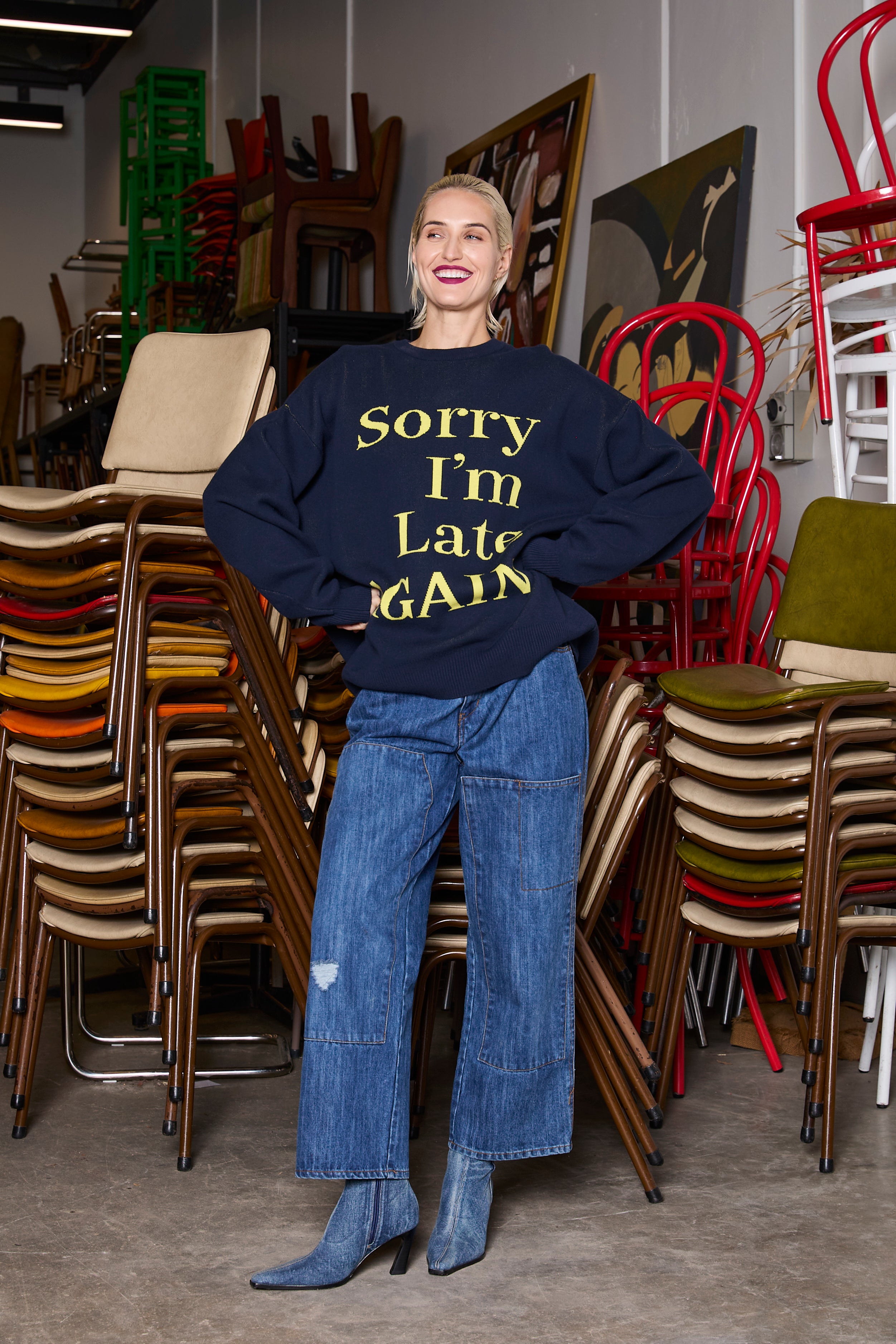 M.A.DAINTY Sorry Knit Navy Yellow