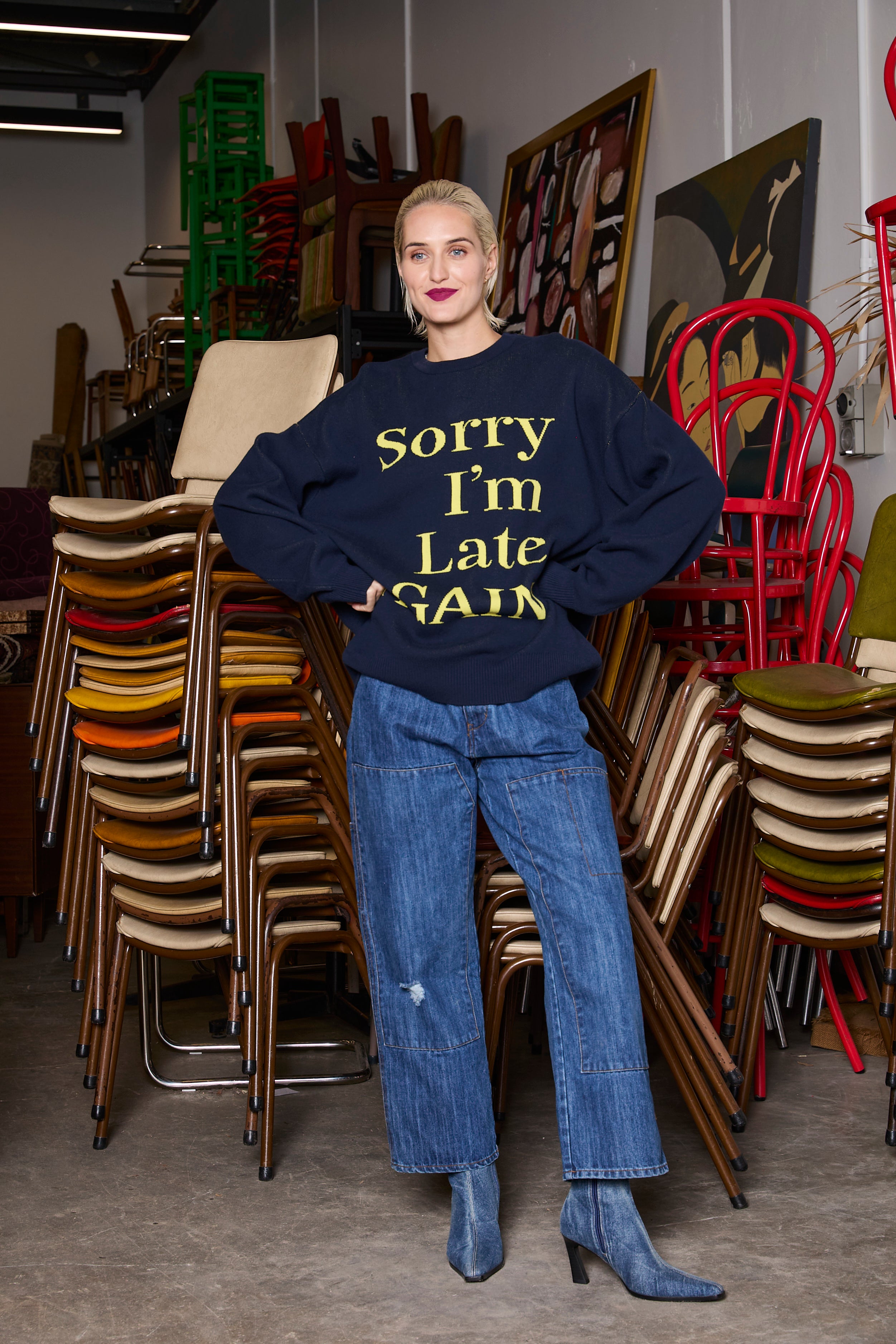 M.A.DAINTY Sorry Knit Navy Yellow