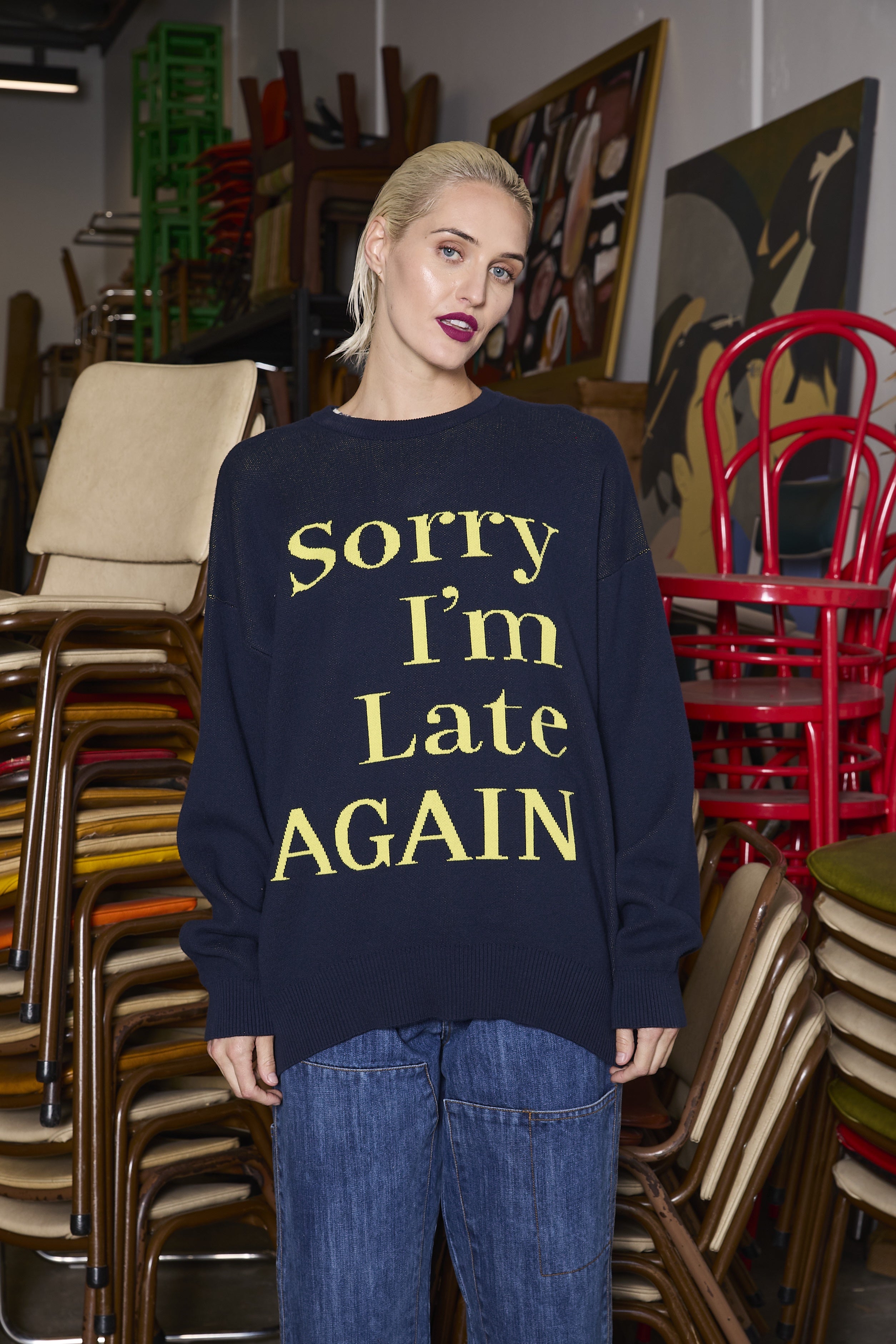 M.A.DAINTY Sorry Knit Navy Yellow