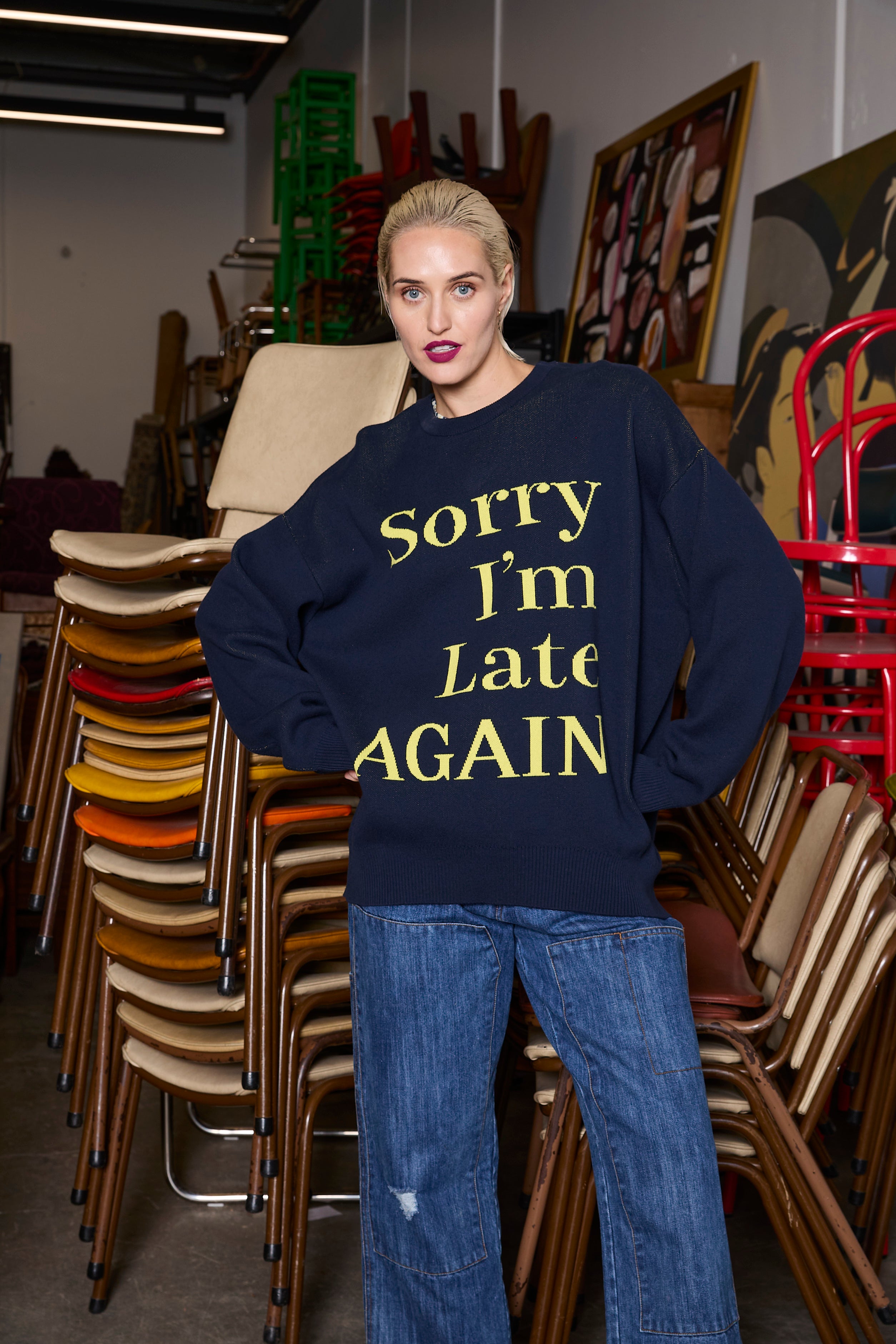 M.A.DAINTY Sorry Knit Navy Yellow