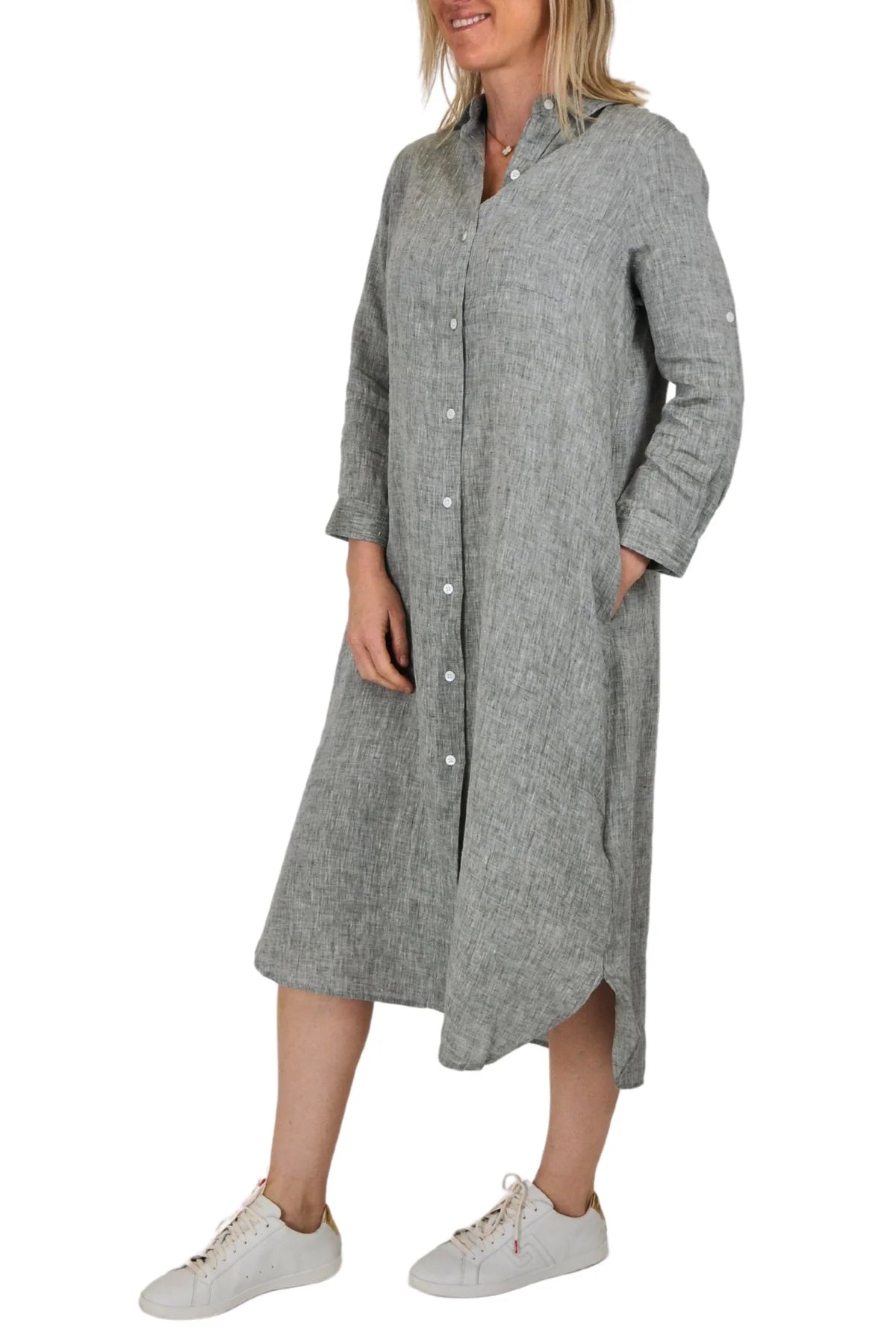 CABLE MELBOURNE Pure Linen Shirt Dress moss chambray