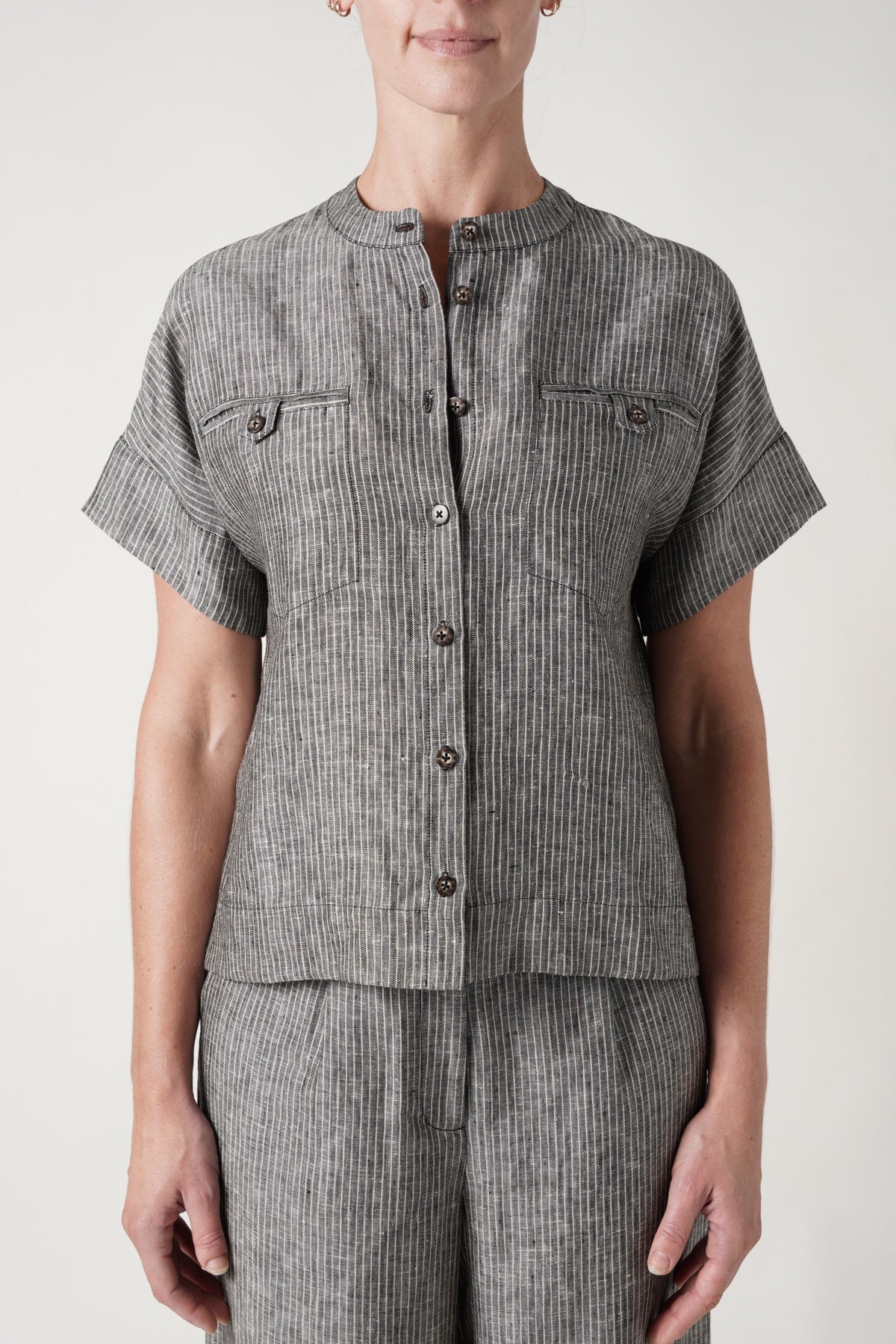 CABLE MELBOURNE Linden Linen Top slate pinstripe