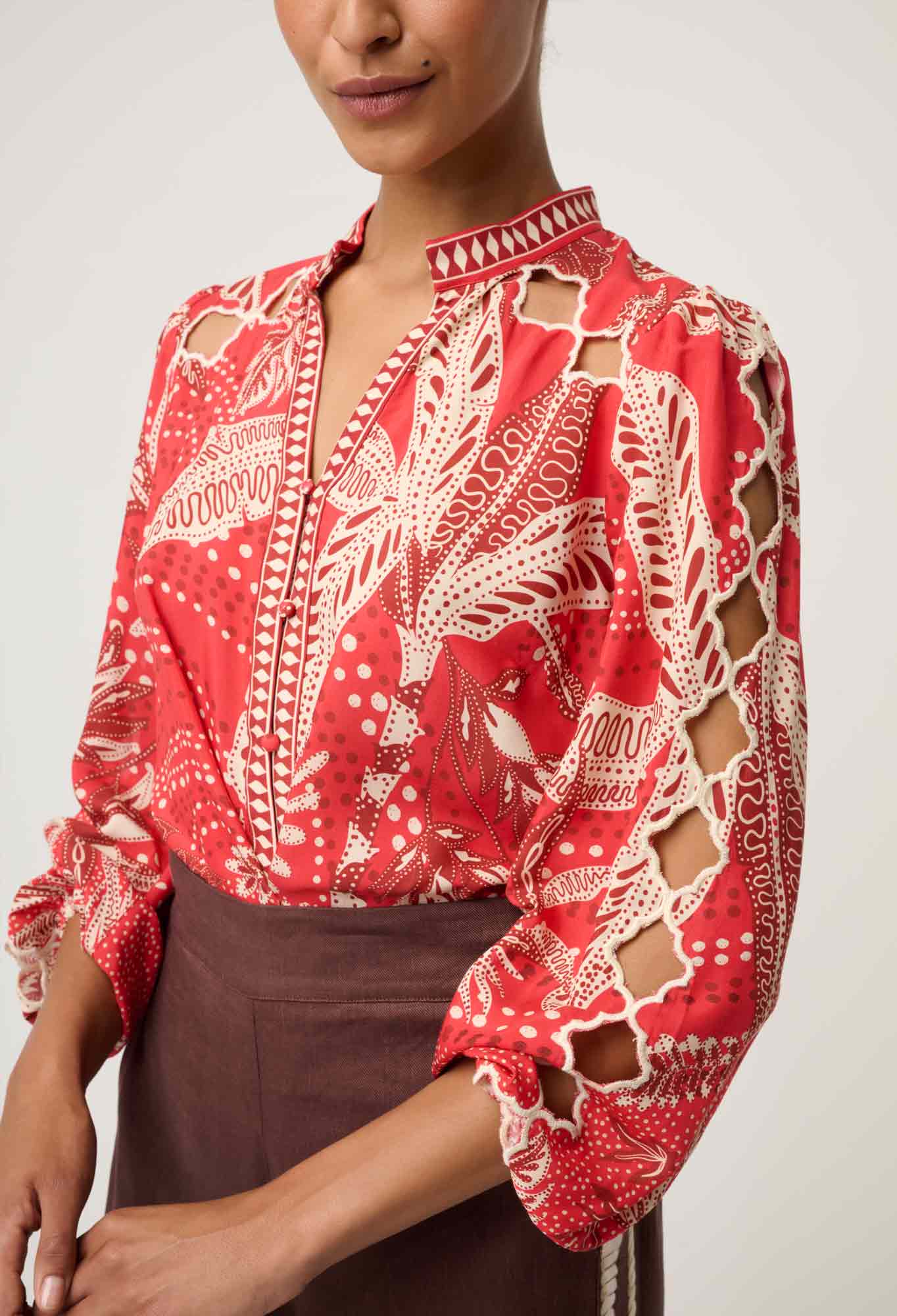 ONCE WAS Audrey Viscose Faille Blouse crimson palms