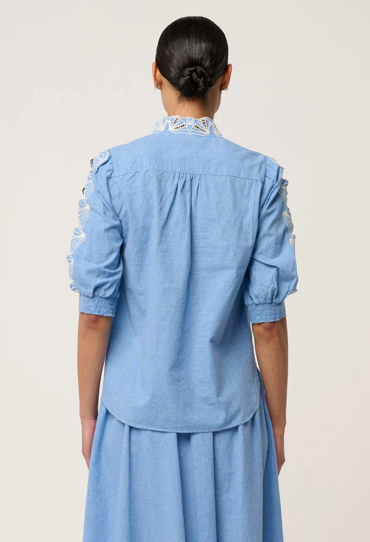 ONCE WAS Claudia Cotton Chambray Top blue