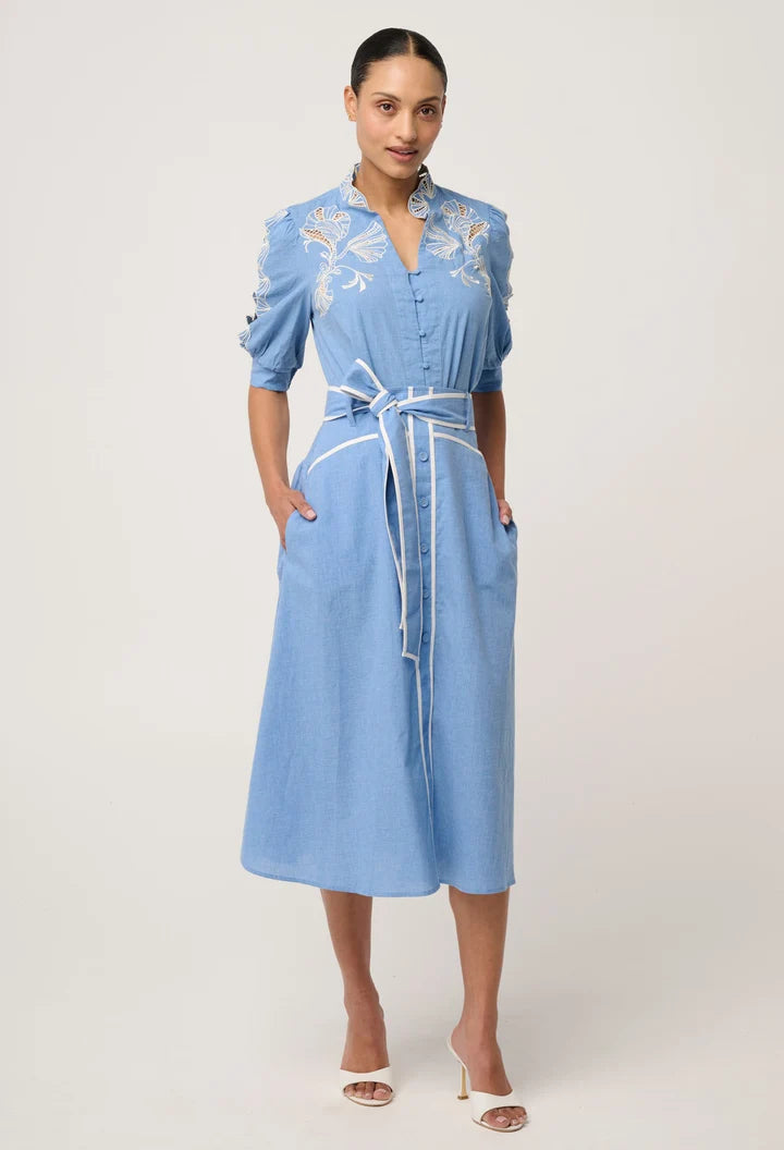 ONCE WAS Claudia Cotton Chambray Top blue