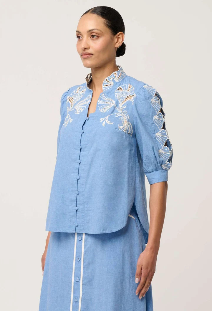 ONCE WAS Claudia Cotton Chambray Top blue