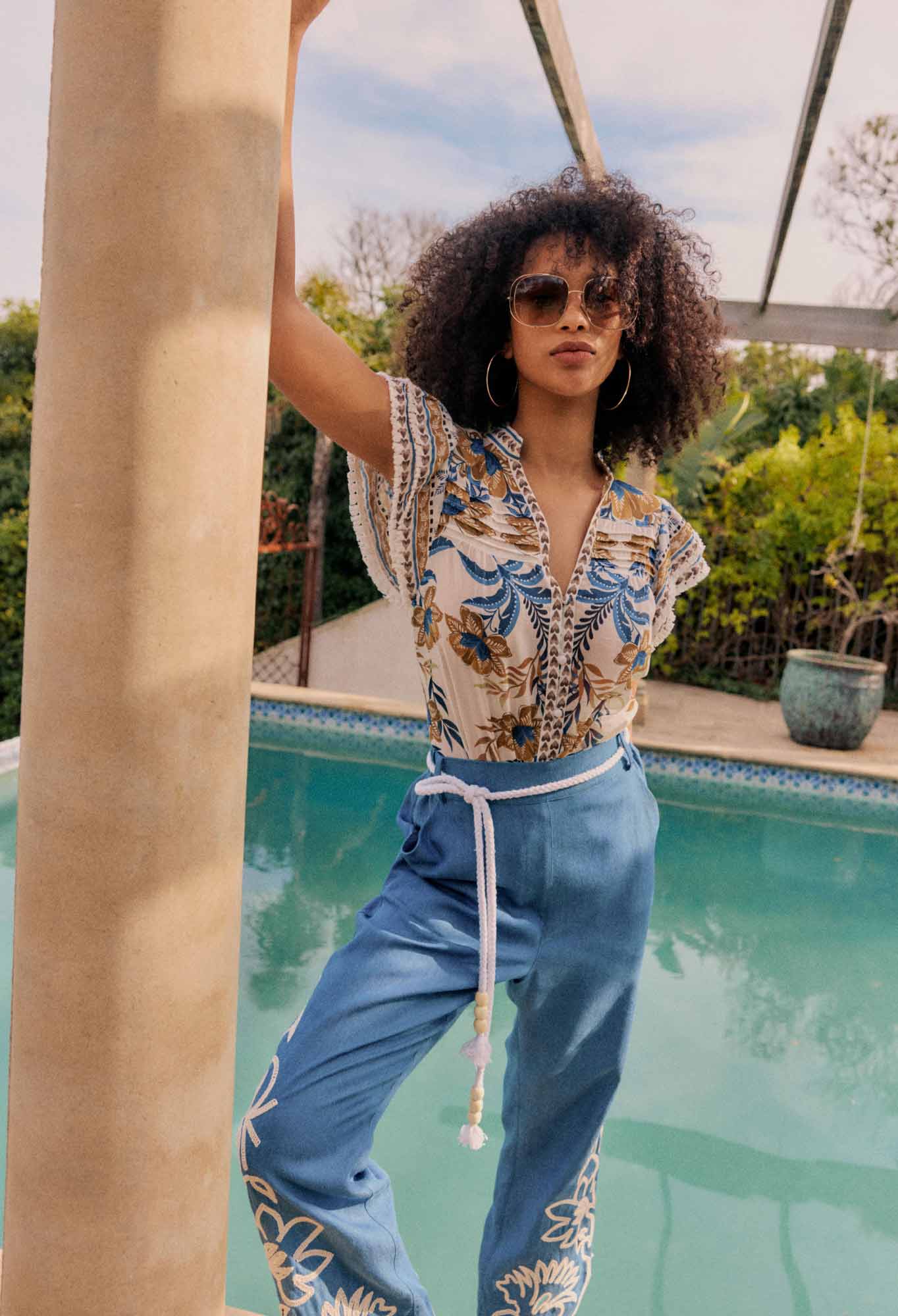 ONCE WAS Helm Tencel Embroidered Straight Leg Pant sky