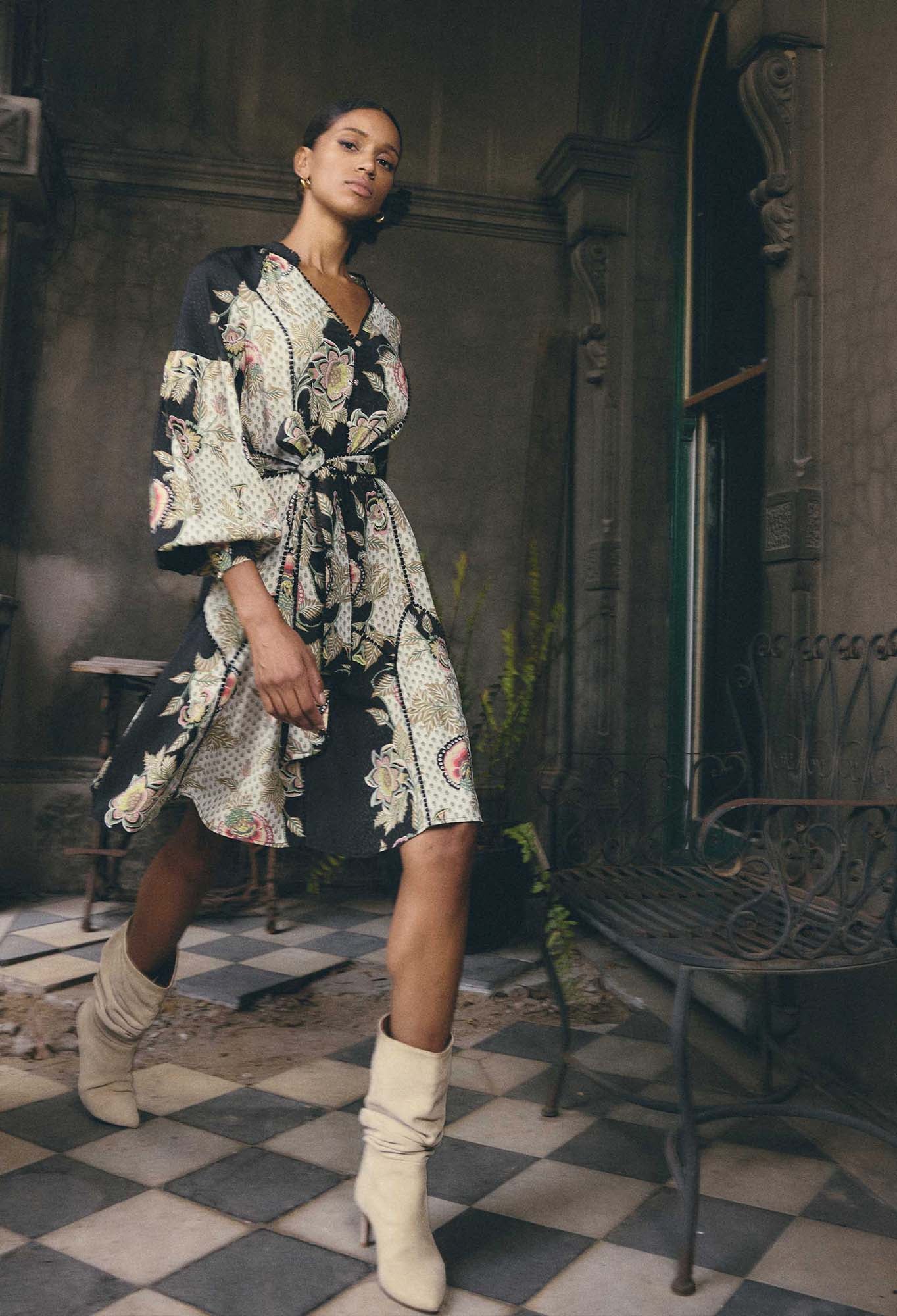 ONCE WAS Emersyn Linen Viscose Dress mariposa nero