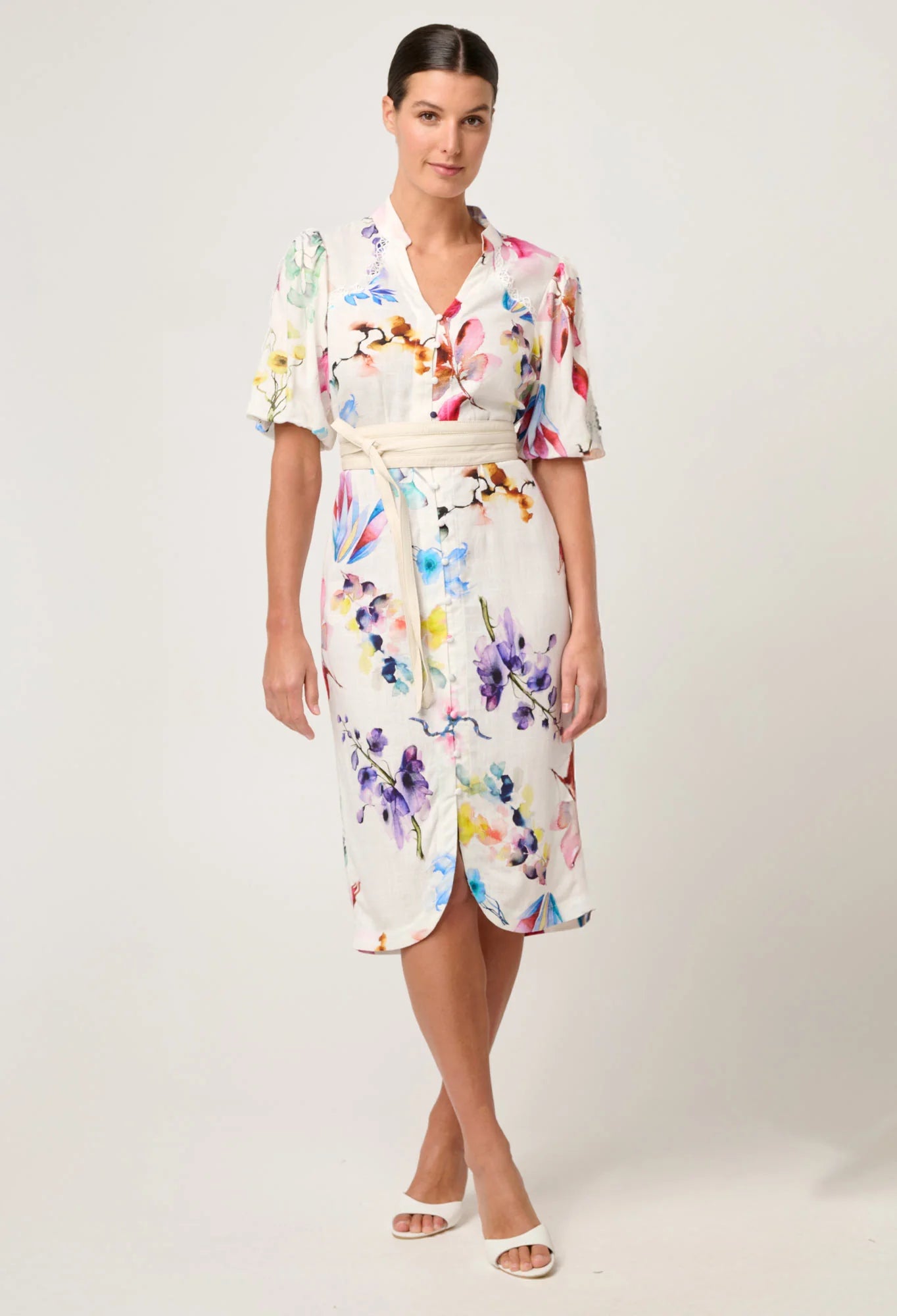 ONCE WAS Gaia Lace Spliced Linen Viscose Dress plume blossom