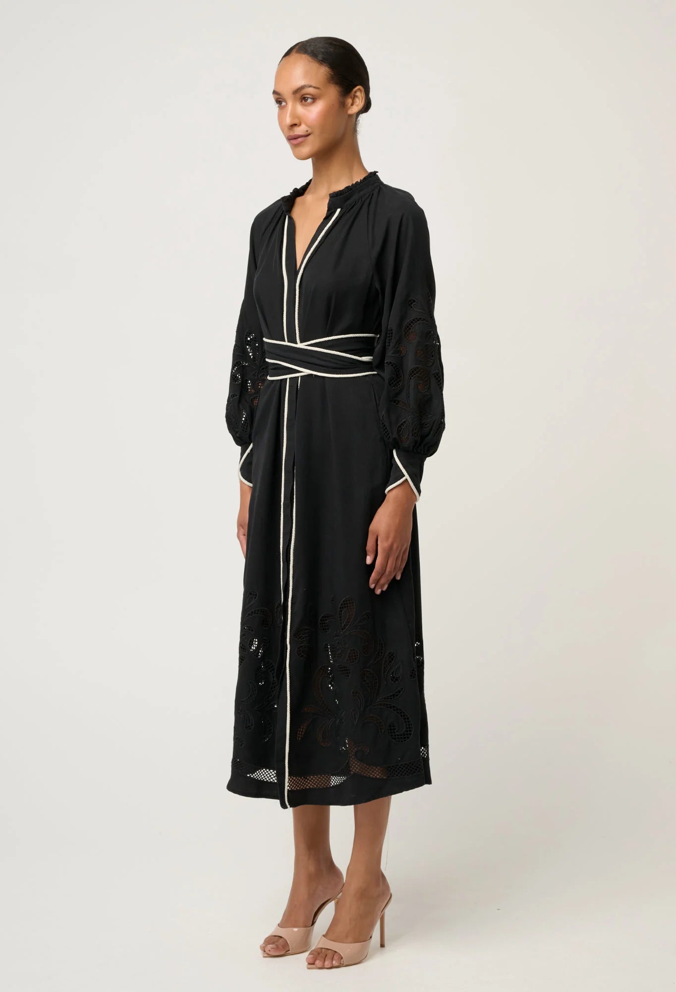 ONCE WAS Rhea Placement Embroidered Maxi Dress black
