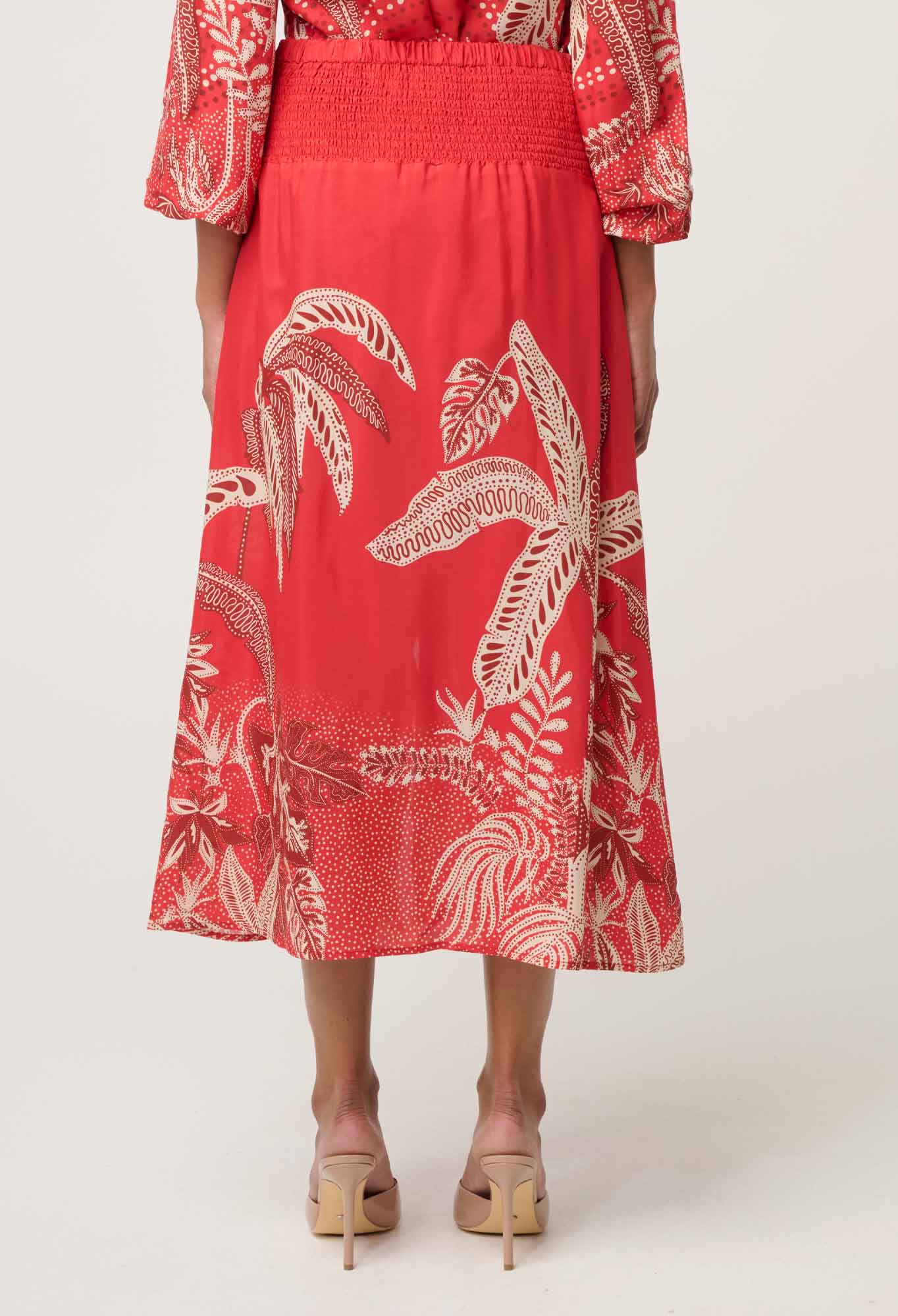 ONCE WAS Harper Viscose Faille Print Panel Skirt crimson palms