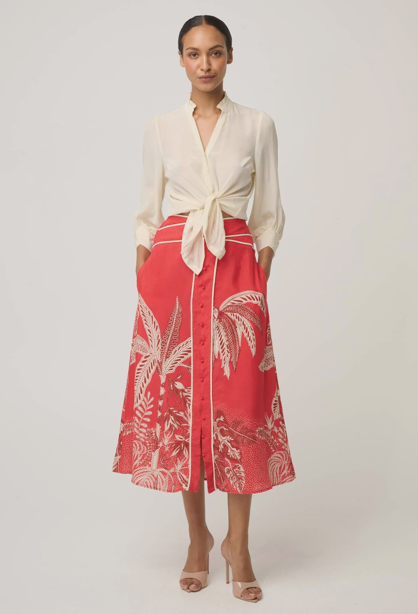 ONCE WAS Harper Viscose Faille Print Panel Skirt crimson palms