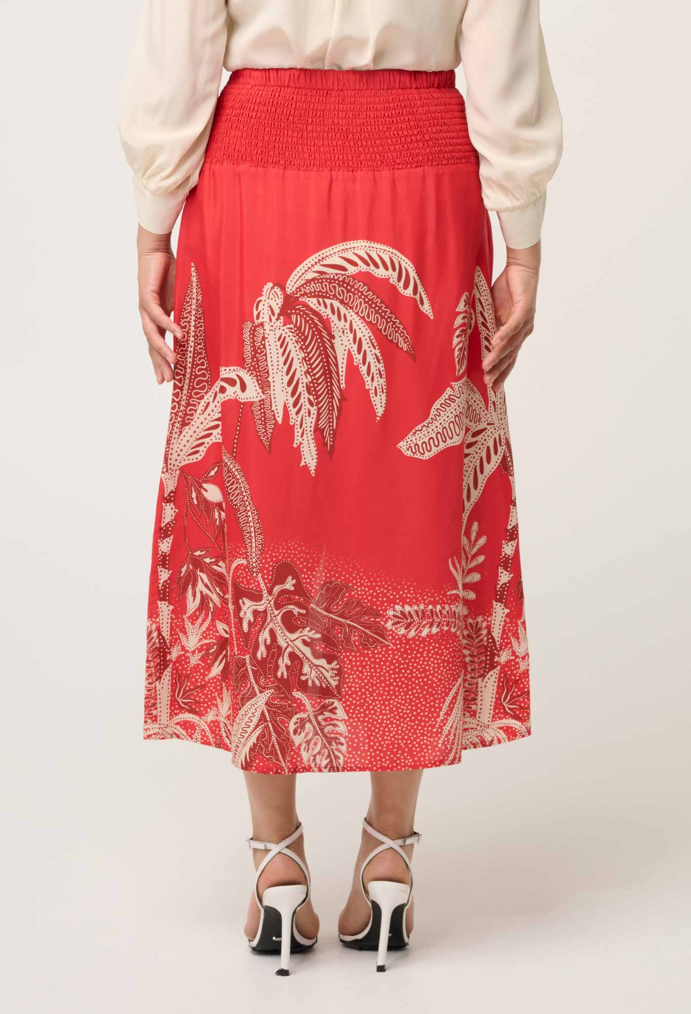 ONCE WAS PETITE Harper Viscose Faille Print Panel Skirt crimson palms