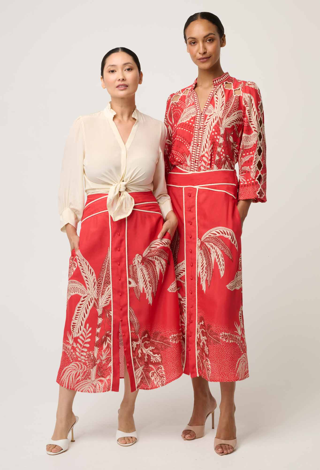 ONCE WAS PETITE Harper Viscose Faille Print Panel Skirt crimson palms