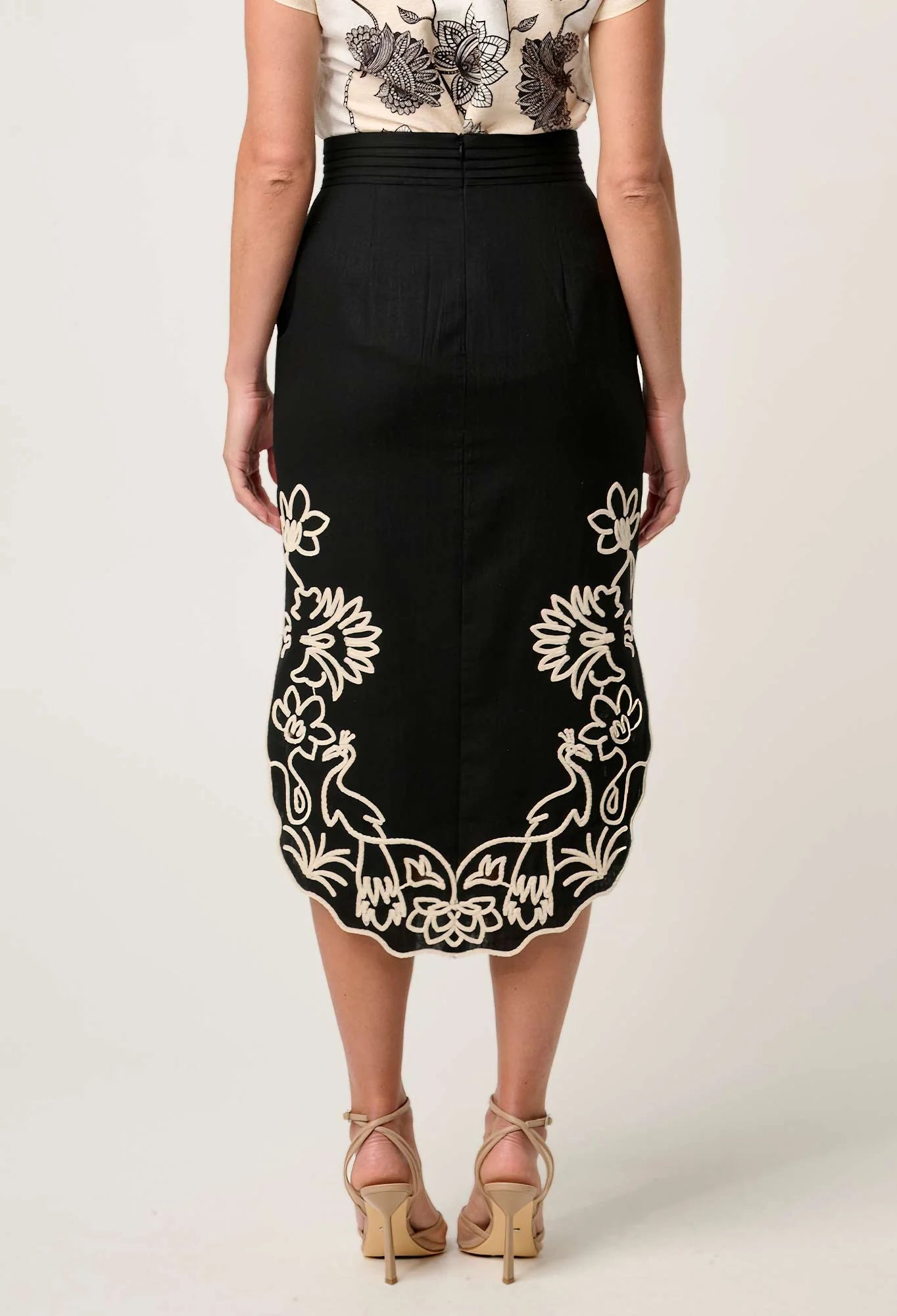 ONCE WAS Cascadia Embroidered Linen Viscose Midi Skirt black