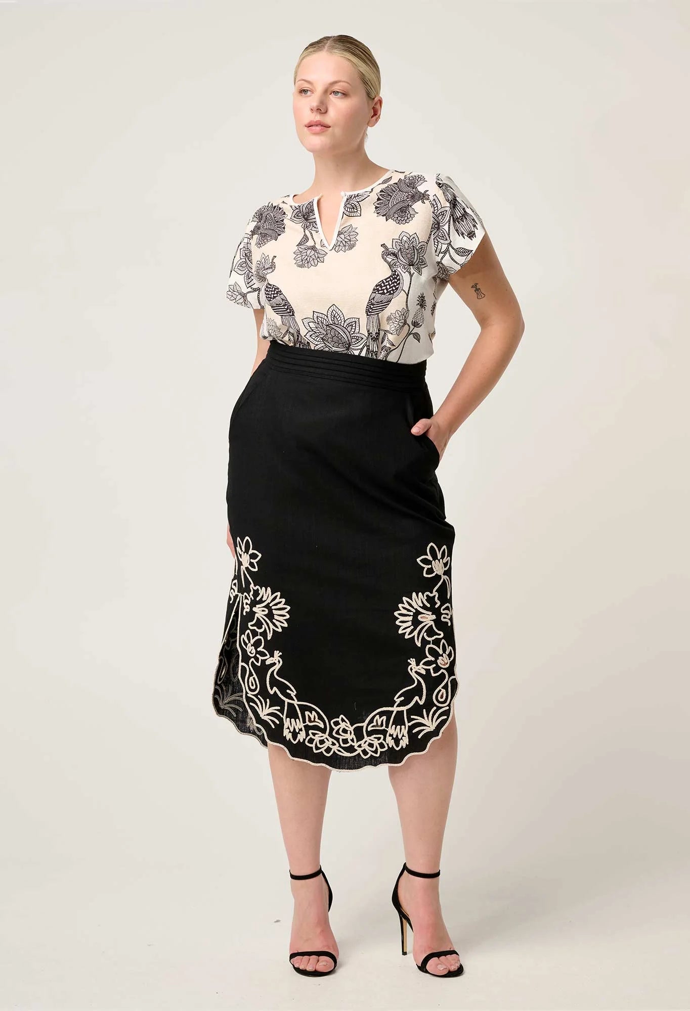 ONCE WAS Cascadia Embroidered Linen Viscose Midi Skirt black