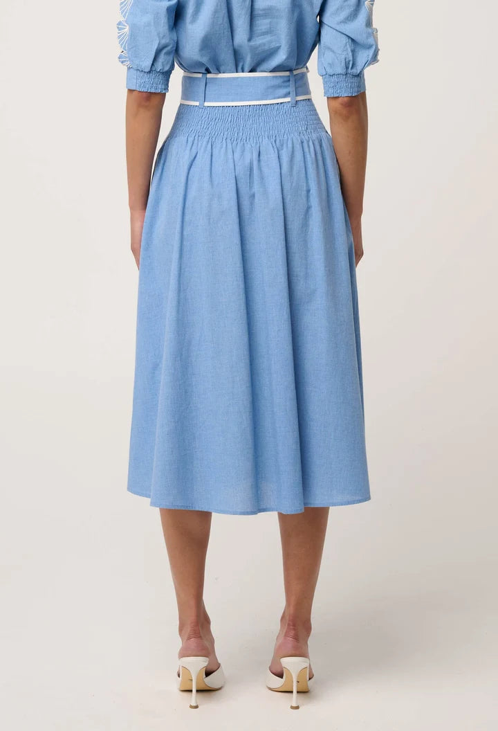 ONCE WAS Selvia Cotton Chambray Contrast Bind Skirt blue
