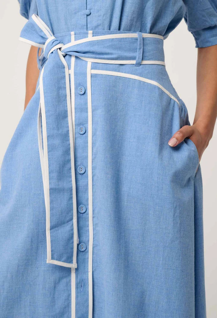 ONCE WAS Selvia Cotton Chambray Contrast Bind Skirt blue