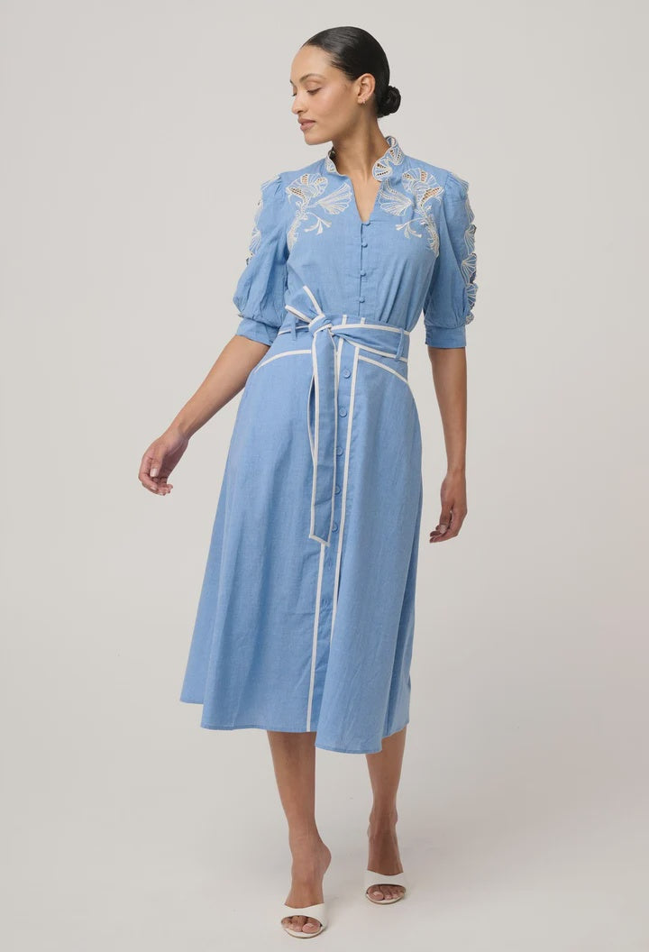 ONCE WAS Selvia Cotton Chambray Contrast Bind Skirt blue