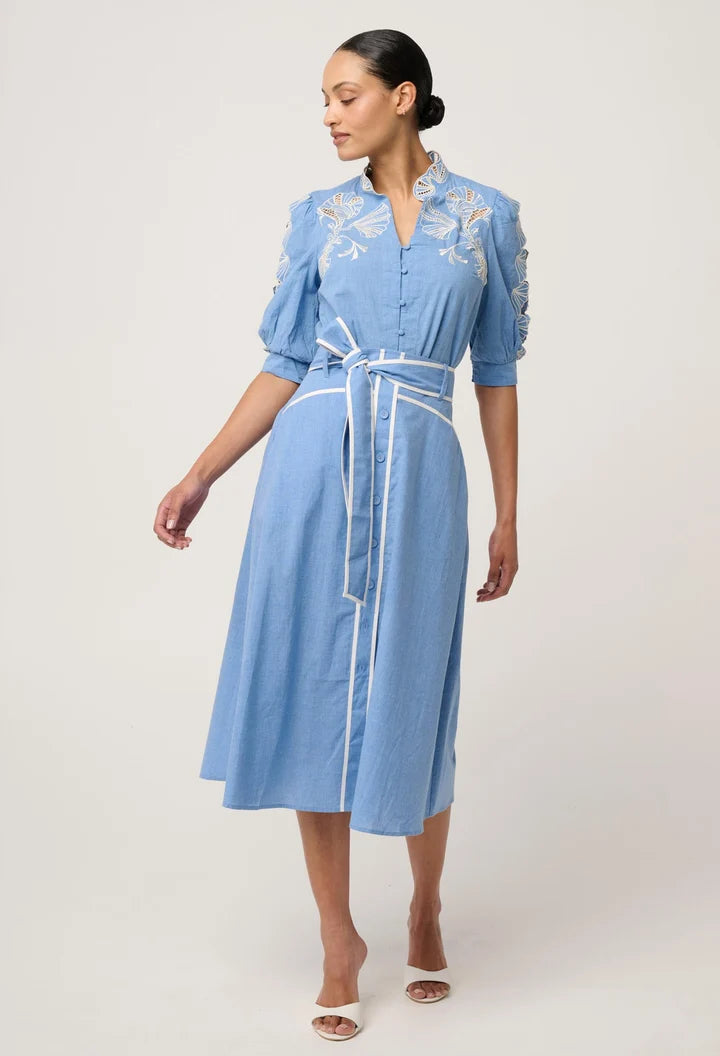 ONCE WAS Selvia Cotton Chambray Contrast Bind Skirt blue