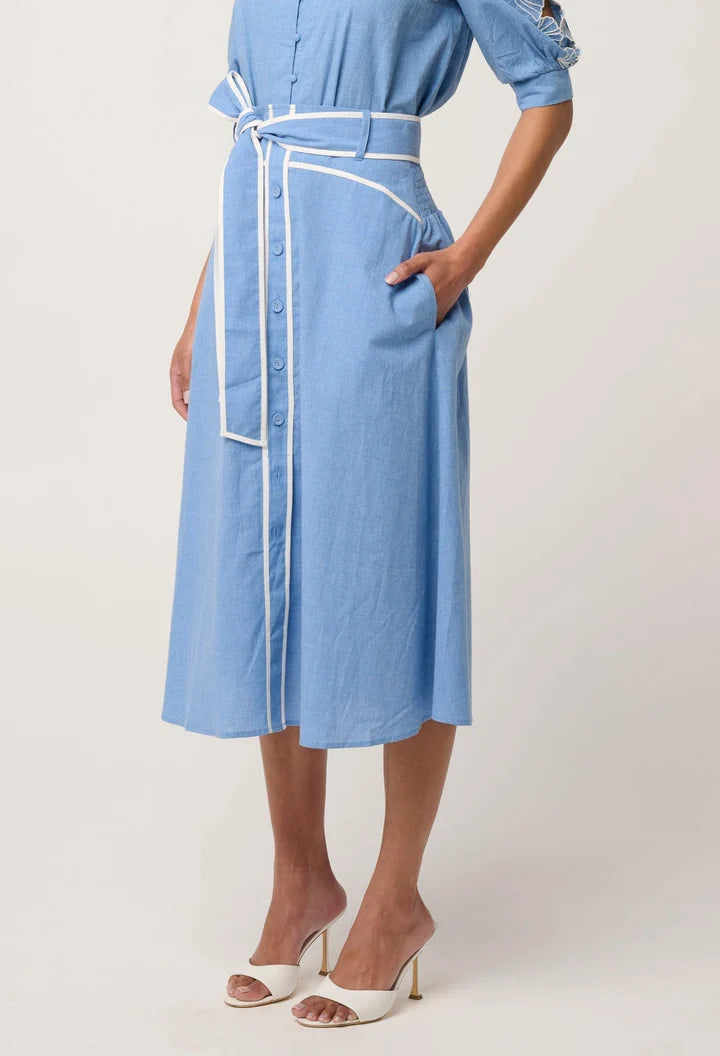 ONCE WAS Selvia Cotton Chambray Contrast Bind Skirt blue