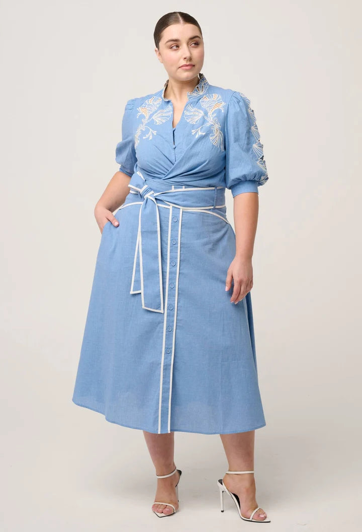 ONCE WAS Selvia Cotton Chambray Contrast Bind Skirt blue