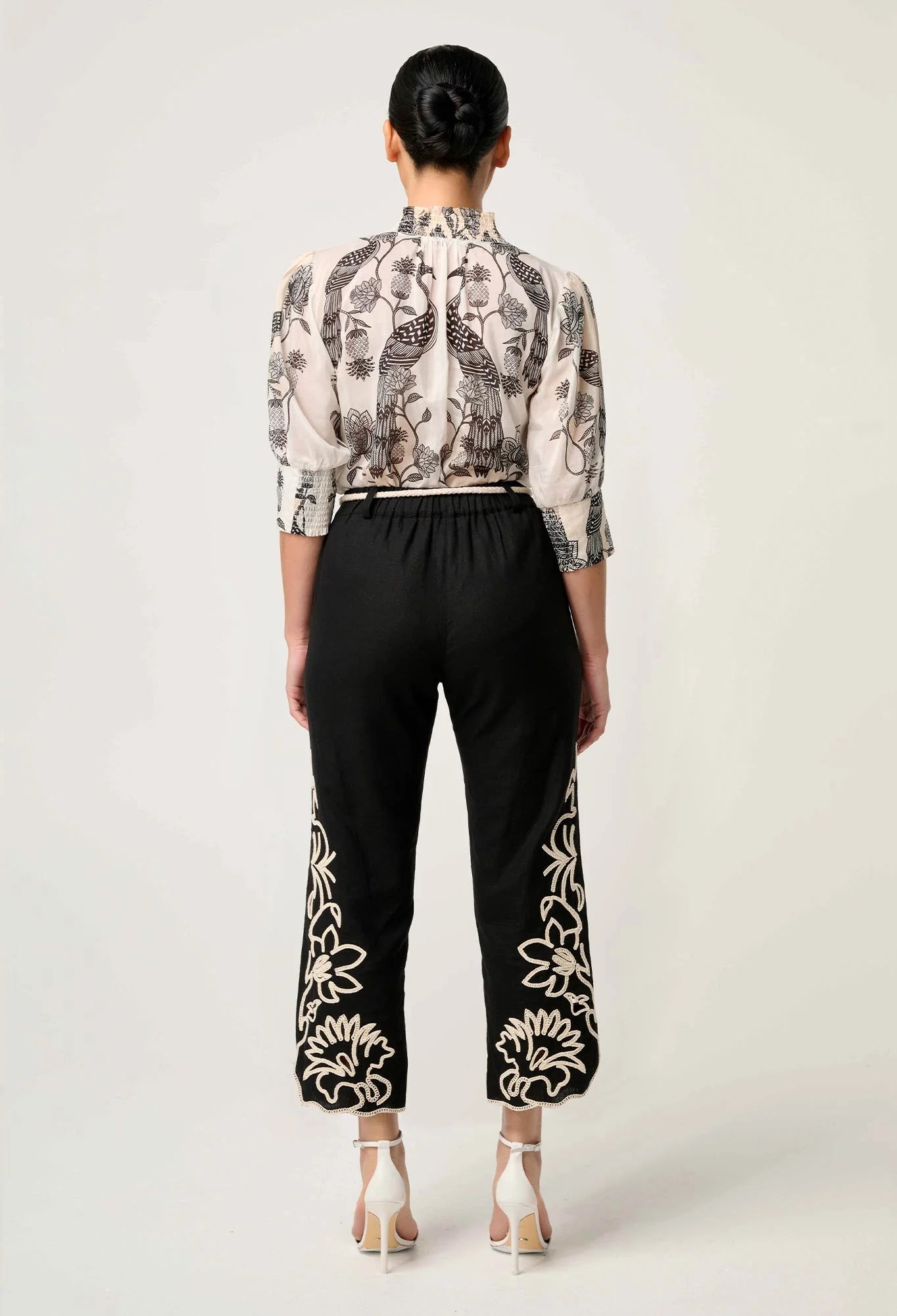 ONCE WAS Helm Placement Embroidered Linen Viscose Straight Leg Pant black