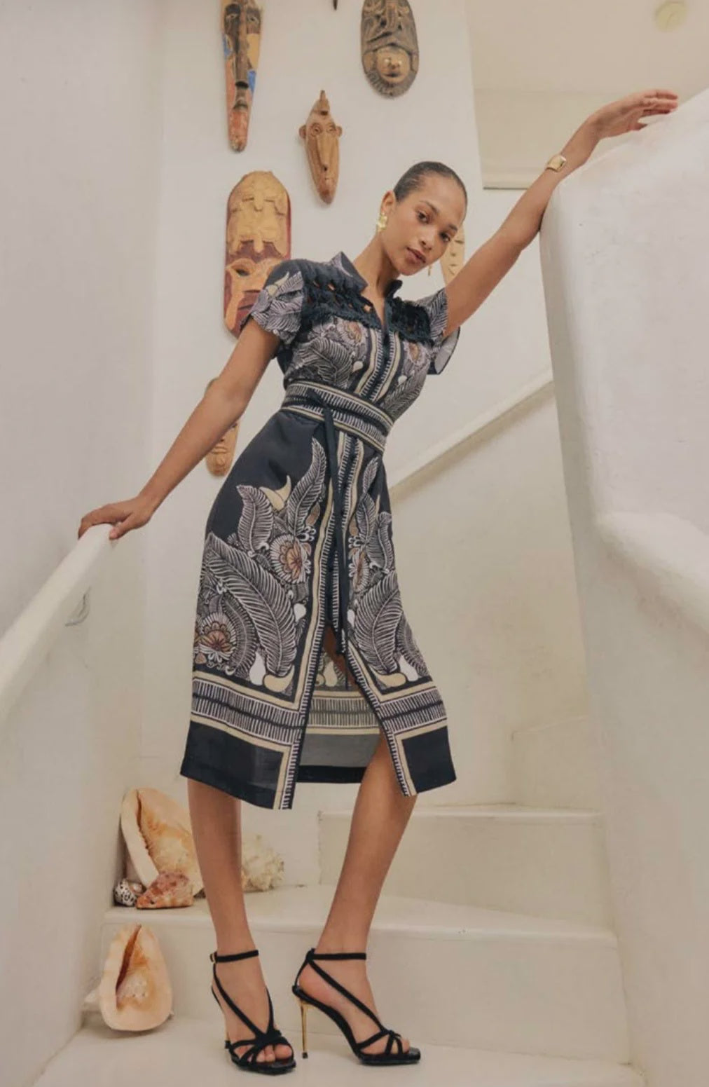 ONCE WAS Maha Diamond Smock Yoke Viscose Faille Dress onyx