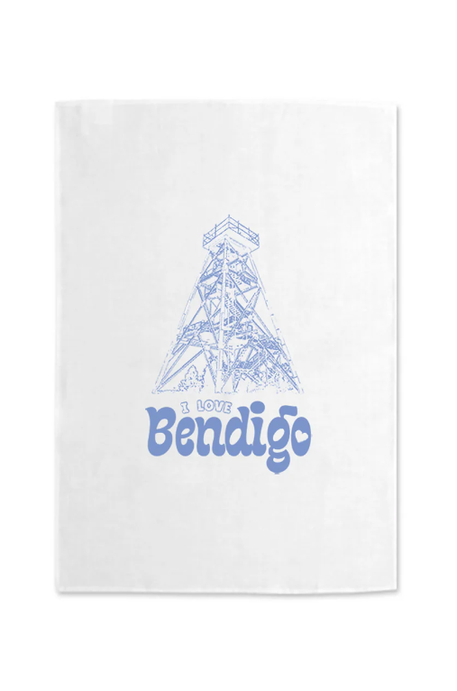 I LOVE BENDIGO Tower Tea Towel blue on white