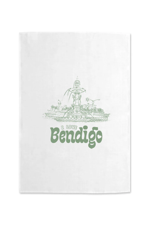 I LOVE BENDIGO Fountain Tea Towel sage on white
