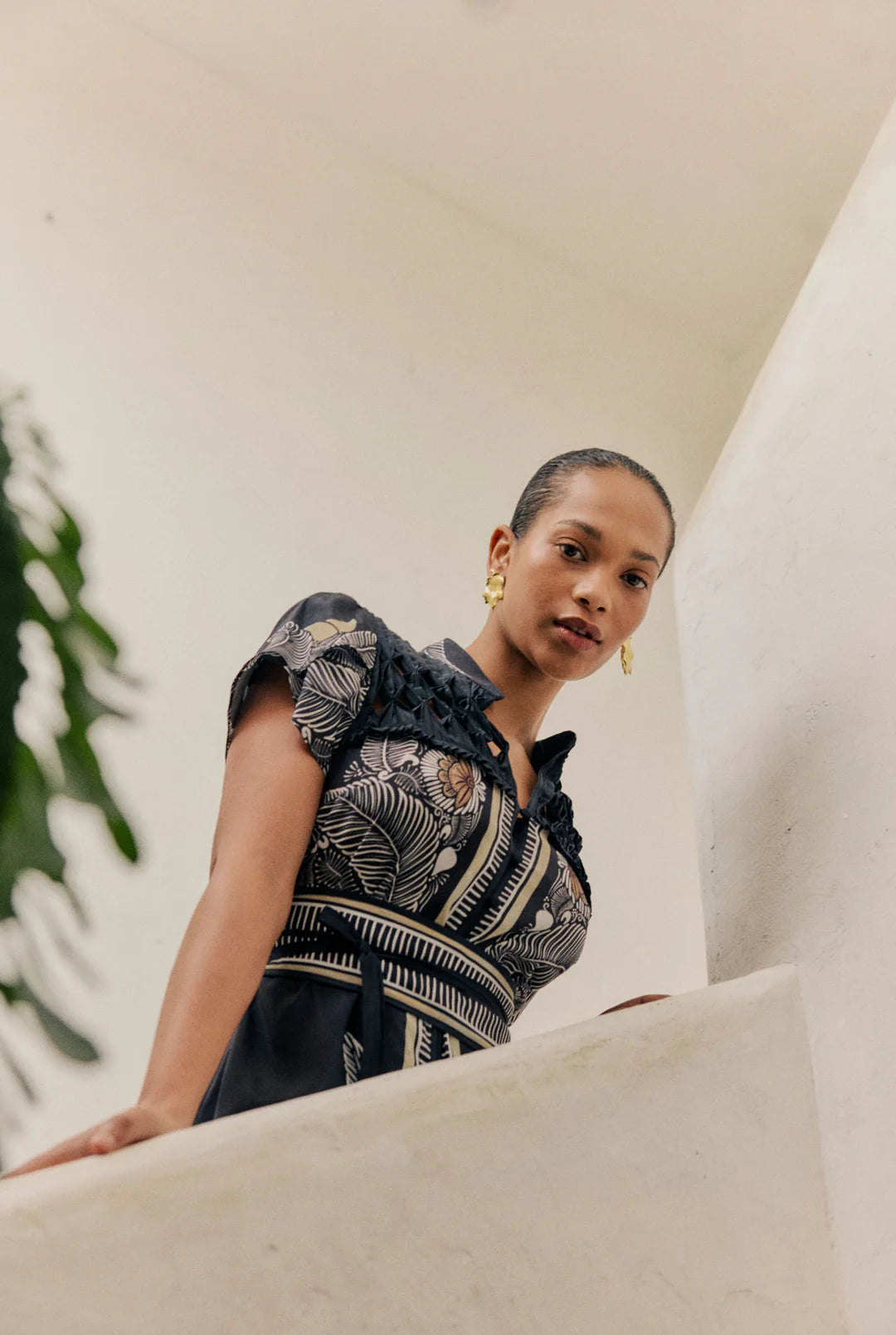 ONCE WAS Maha Diamond Smock Yoke Viscose Faille Dress onyx