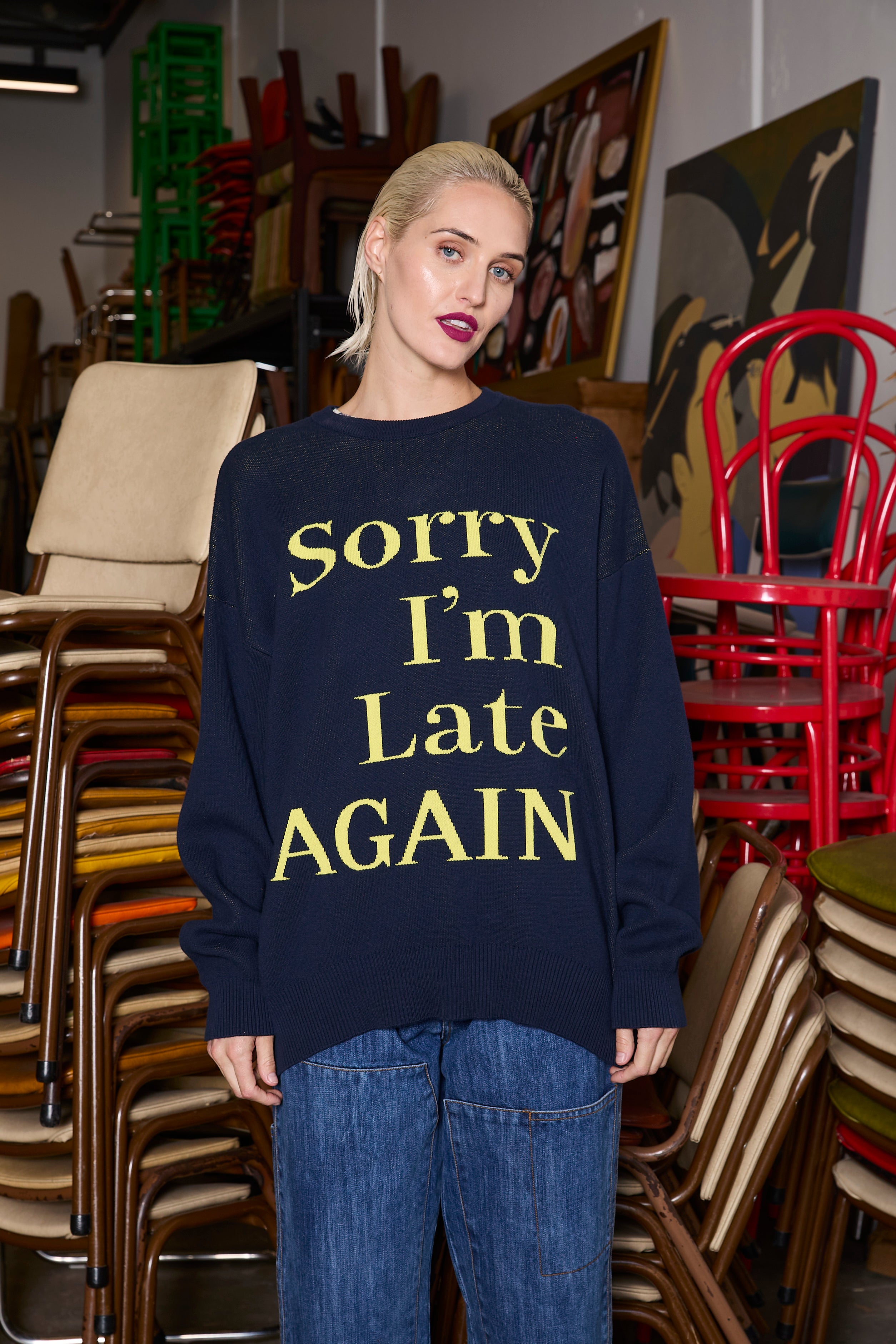 M.A.DAINTY Sorry Knit Navy Yellow