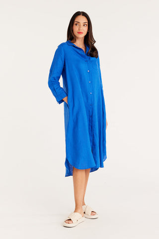 CABLE MELBOURNE Pure Linen Shirt Dress cobalt blue