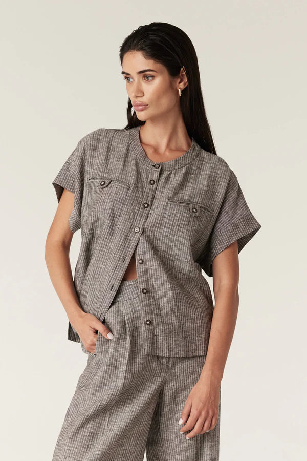 CABLE MELBOURNE Linden Linen Top slate pinstripe