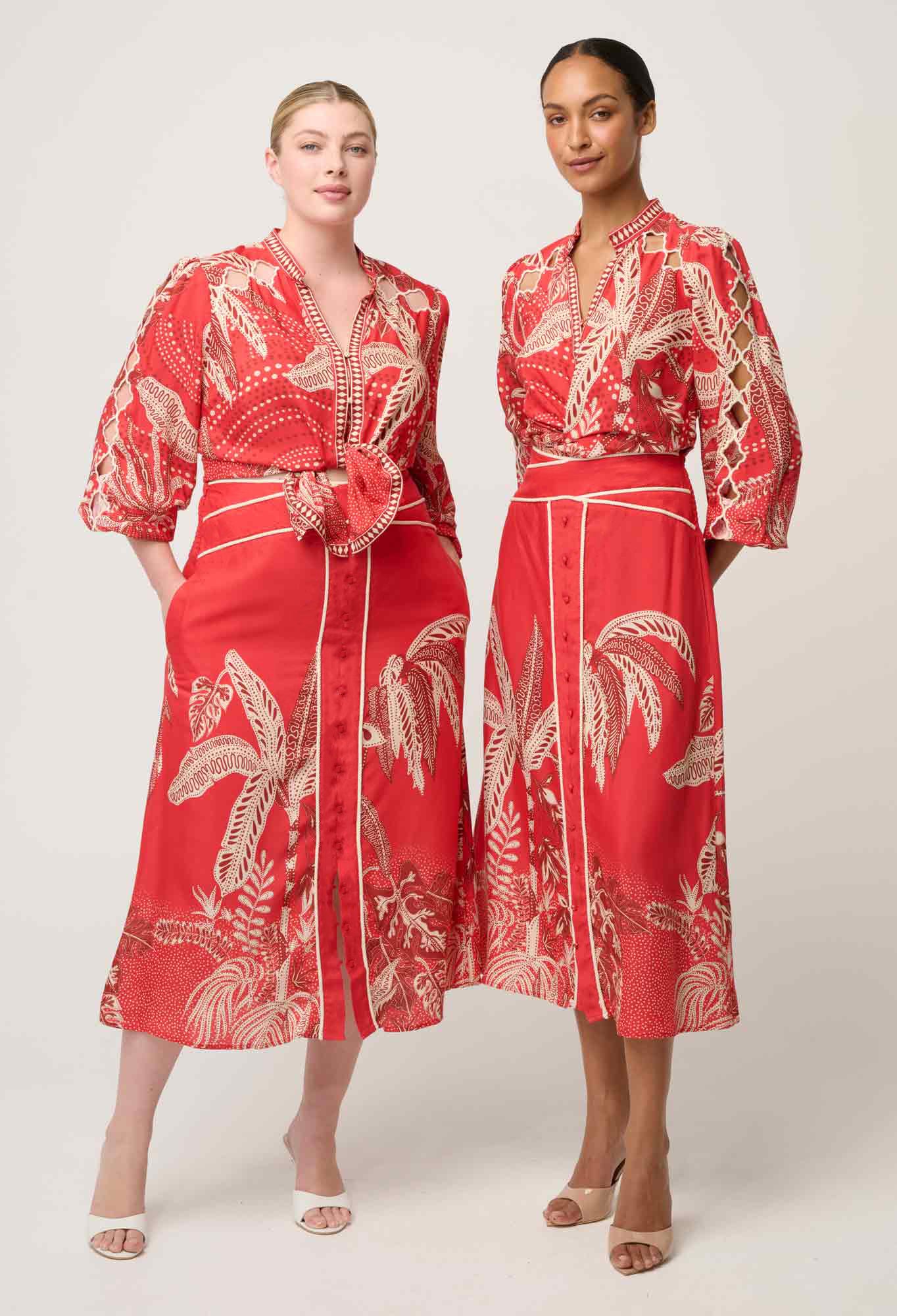 ONCE WAS Harper Viscose Faille Print Panel Skirt crimson palms