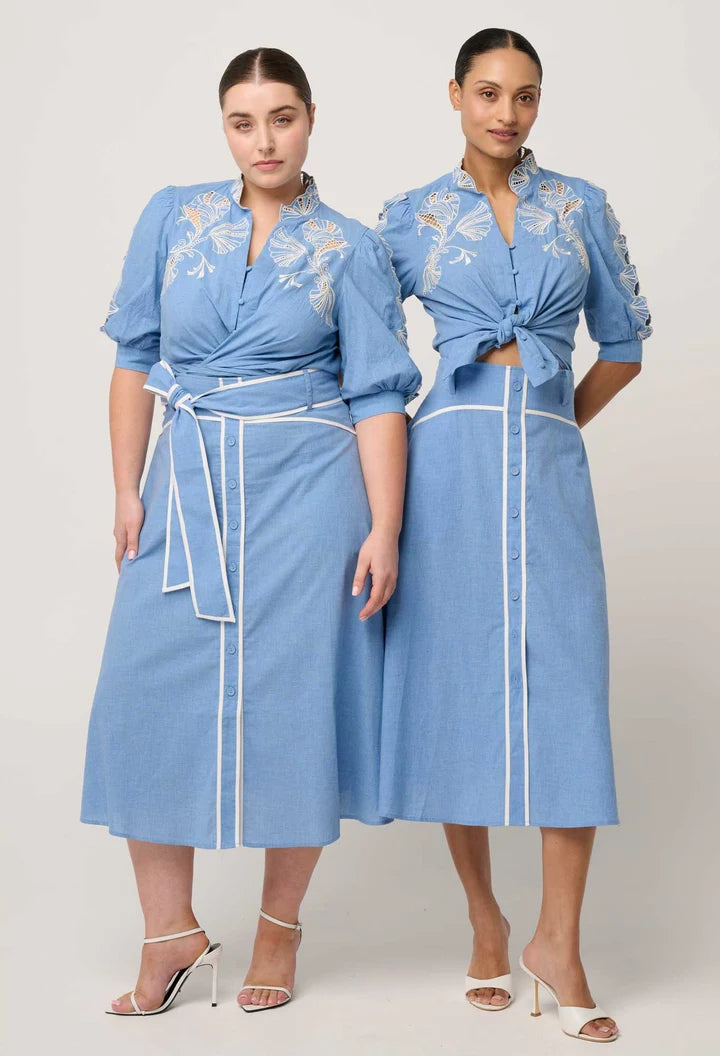 ONCE WAS Claudia Cotton Chambray Top blue