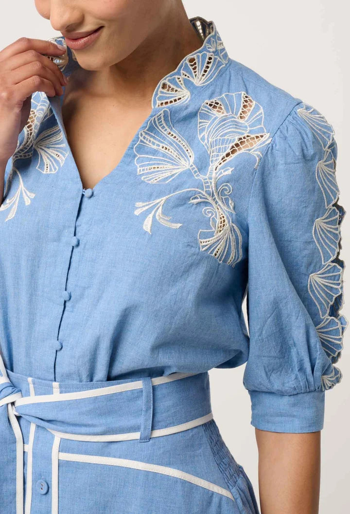 ONCE WAS Claudia Cotton Chambray Top blue