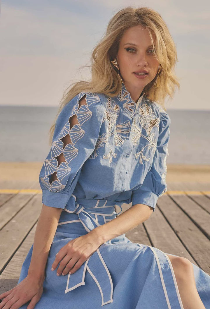 ONCE WAS Claudia Cotton Chambray Top blue