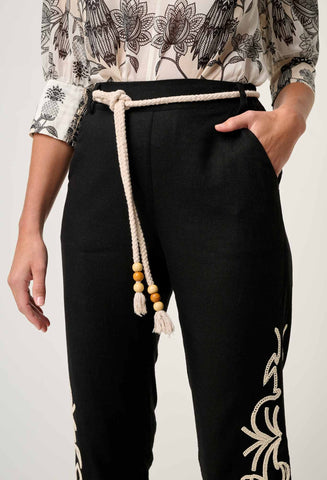 ONCE WAS Helm Placement Embroidered Linen Viscose Straight Leg Pant black