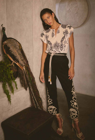 ONCE WAS Helm Placement Embroidered Linen Viscose Straight Leg Pant black