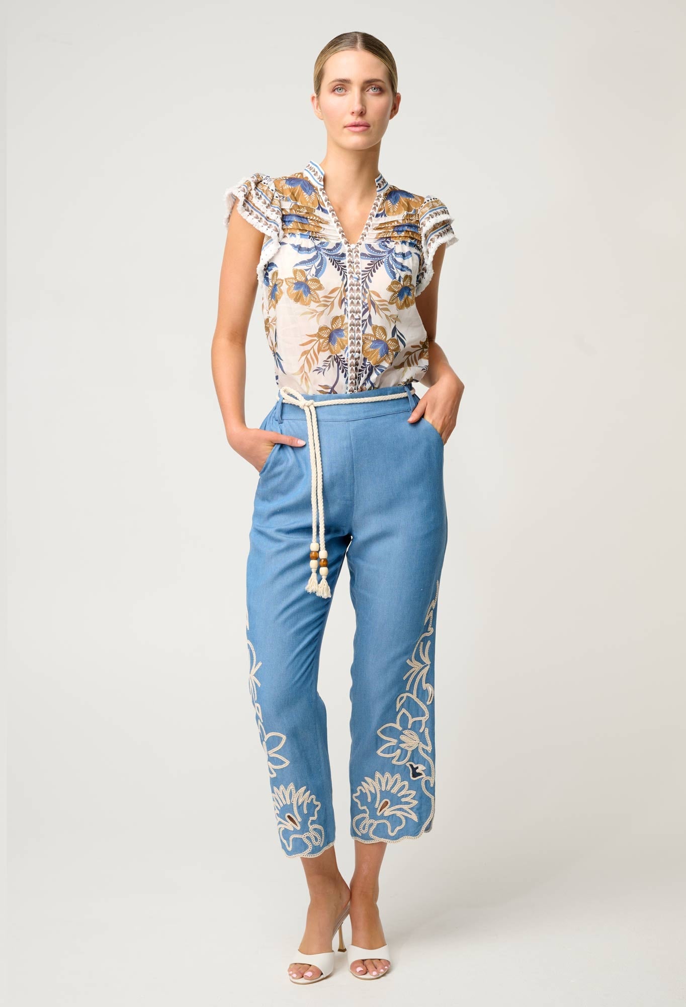 ONCE WAS Helm Tencel Embroidered Straight Leg Pant sky