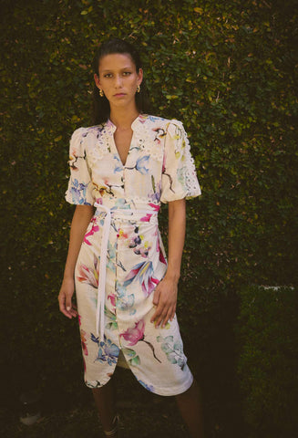 ONCE WAS Gaia Lace Spliced Linen Viscose Dress plume blossom