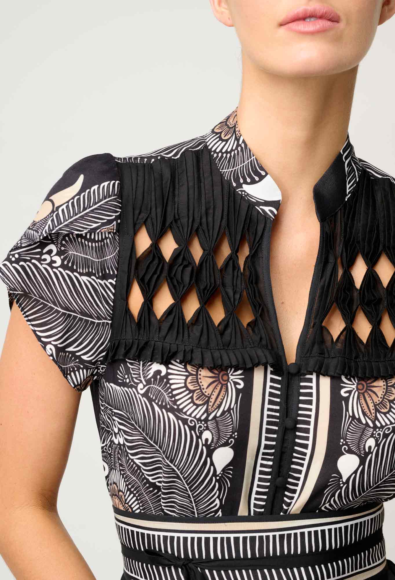 ONCE WAS Maha Diamond Smock Yoke Viscose Faille Dress onyx