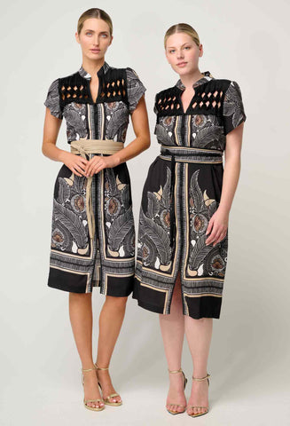 ONCE WAS Maha Diamond Smock Yoke Viscose Faille Dress onyx