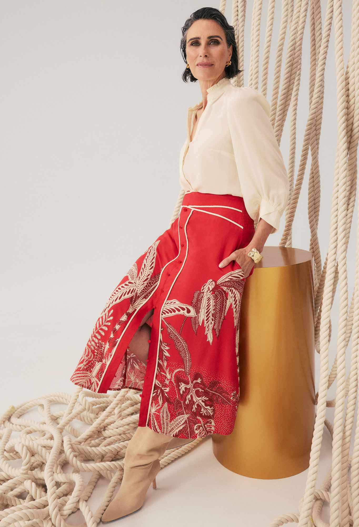 ONCE WAS Harper Viscose Faille Print Panel Skirt crimson palms