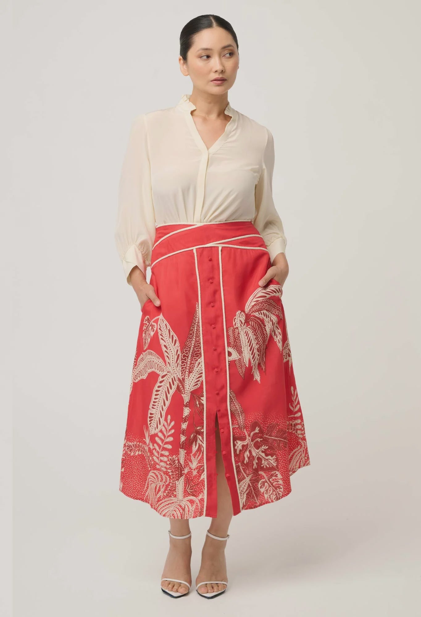 ONCE WAS PETITE Harper Viscose Faille Print Panel Skirt crimson palms