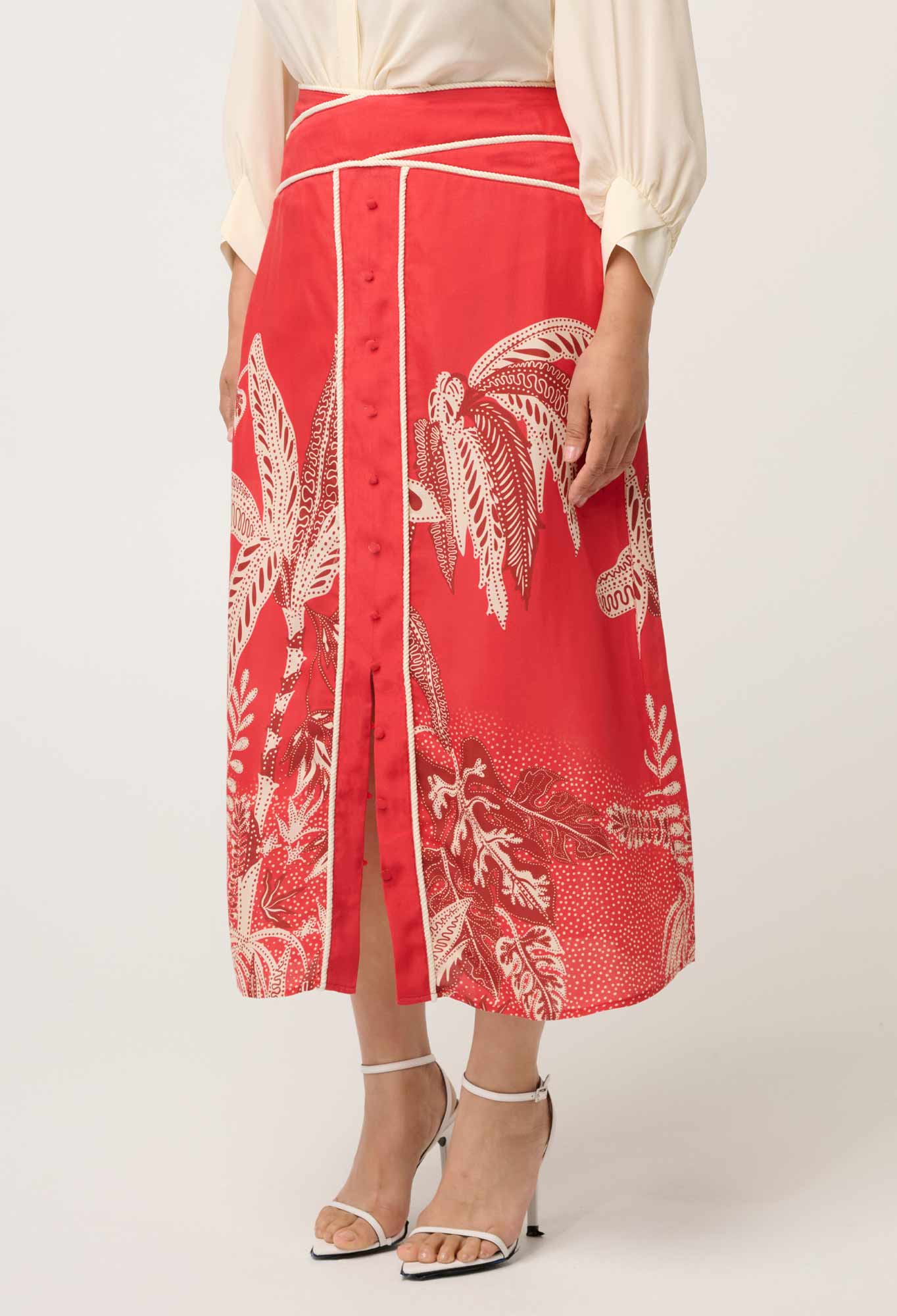 ONCE WAS PETITE Harper Viscose Faille Print Panel Skirt crimson palms