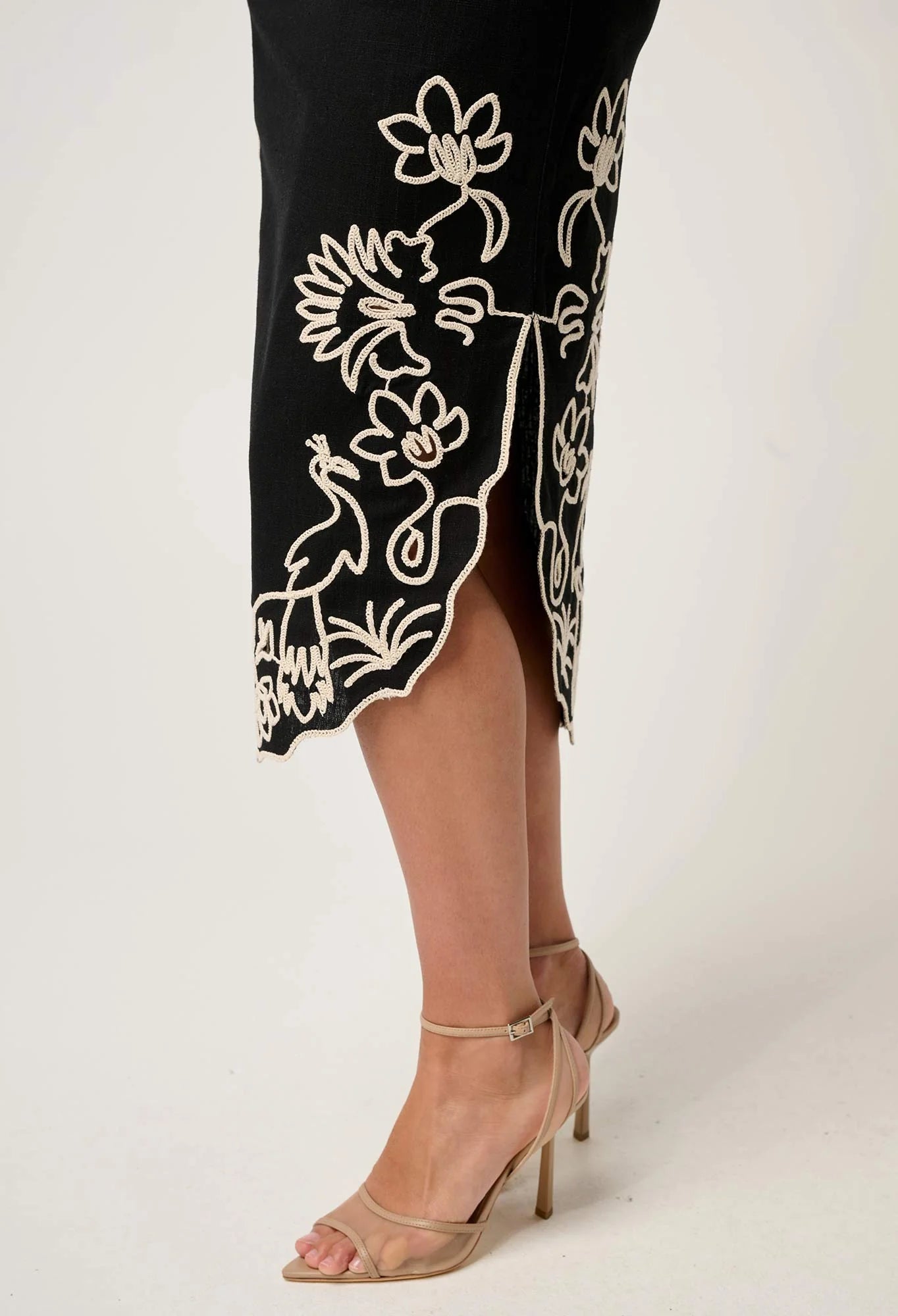 ONCE WAS Cascadia Embroidered Linen Viscose Midi Skirt black