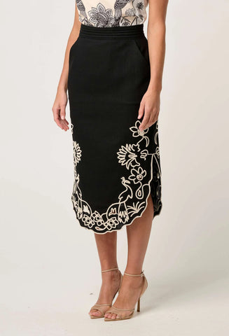 ONCE WAS Cascadia Embroidered Linen Viscose Midi Skirt black