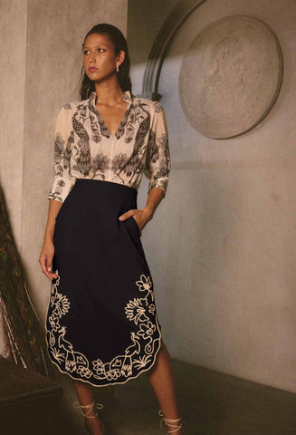 ONCE WAS Cascadia Embroidered Linen Viscose Midi Skirt black